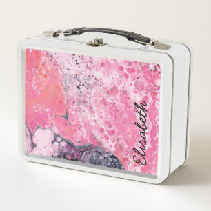 Abstrakte Kunst mit Acrylfarbe gießen   rosa Metall Brotdose