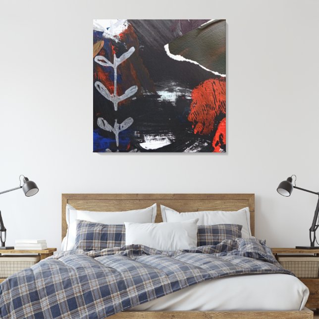 Abstrakte Kunst mit Silber, Kupfer und roten Akzen Leinwanddruck (Insitu (Schlafzimmer))