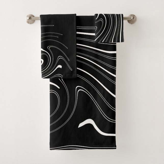 Abstrakte Kunst Schwarz-weiße Linien Twirl Minimal Badhandtuch Set (Insitu)