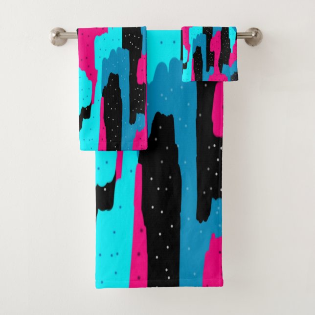Abstrakte Kunstdrucke in Rosa, Schwarz und Blau   Badhandtuch Set (Insitu)