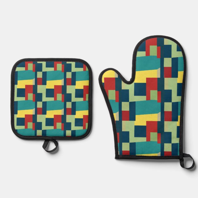 Abstrakte Kunstfarbigkeit Geometrie Moderne Ofenhandschuh & Topflappen-Set (Vorderseite)