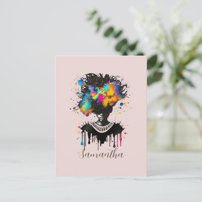 Abstrakte Künstlerin Afro | Schwarz und Weiß Postkarte (Stehend Vorderseite)