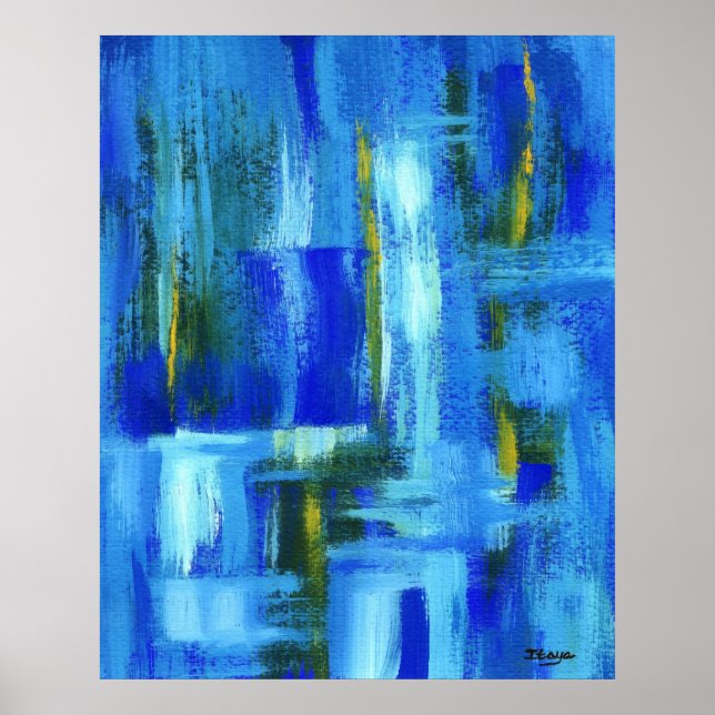 Abstrakte Kunstmalerei Blaue goldene Pinselstriche Poster (Vorne)