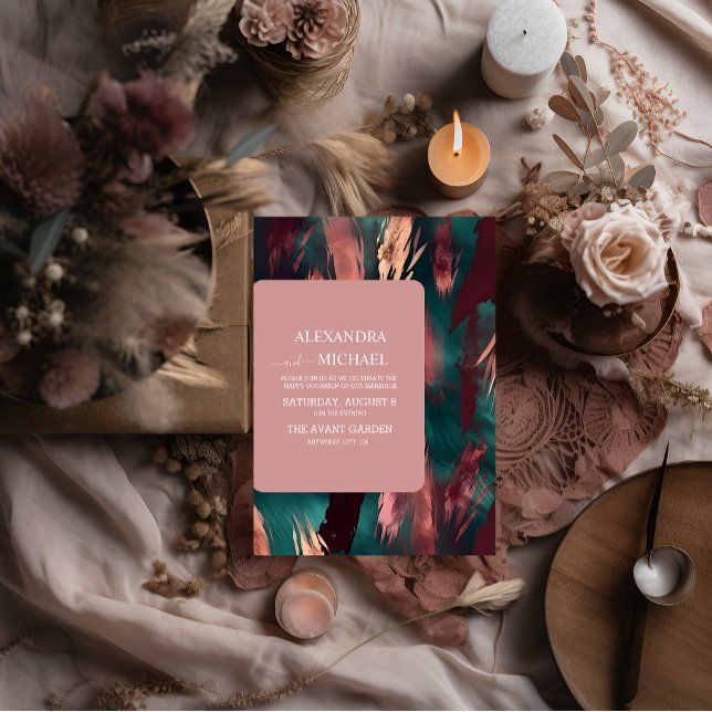 Abstrakte Kupfer dunkelgrün staubige rosa Hochzeit Einladung (Von Creator hochgeladen)