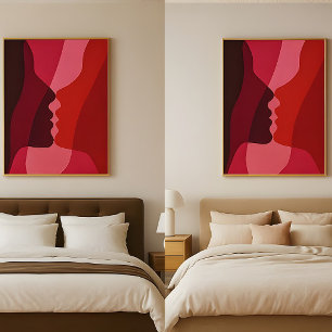 Abstrakte küssende Silhouetten in Rot und Magenta Poster