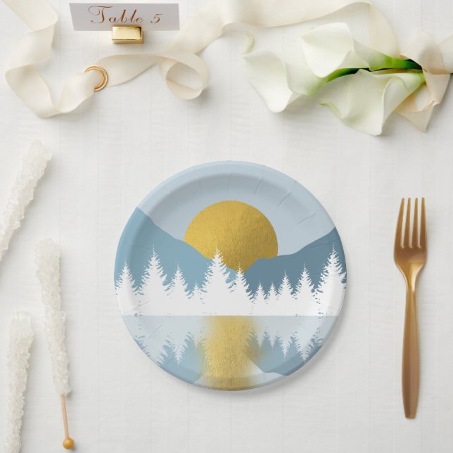 Abstrakte Landschaft Goldener Winter Sonnenunterga Pappteller (Hochzeit)