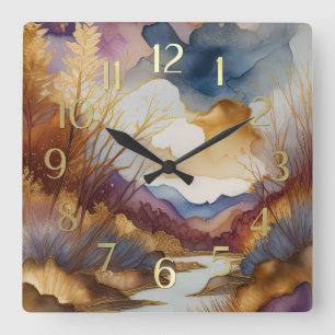 Abstrakte Landschaftsmalerei Gold Blau Lila Quadratische Wanduhr