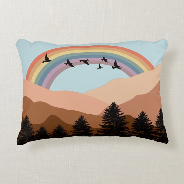 Abstrakte Landschaftswälder Bäume Regenbogen & Vög Dekokissen (Vorderseite)