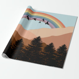Abstrakte Landschaftswälder Bäume Regenbogen & Vög Geschenkpapier
