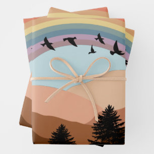 Abstrakte Landschaftswälder Bäume Regenbogen & Vög Geschenkpapier Set