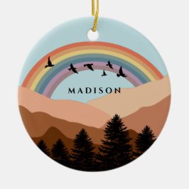 Abstrakte Landschaftswälder Bäume Regenbogen & Vög Keramik Ornament