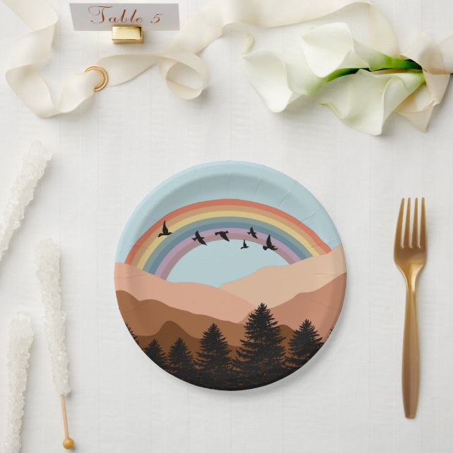 Abstrakte Landschaftswälder Bäume Regenbogen & Vög Pappteller (Hochzeit)