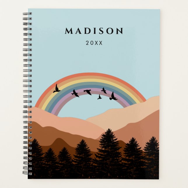 Abstrakte Landschaftswälder Bäume Regenbogen & Vög Planer (Vorderseite)