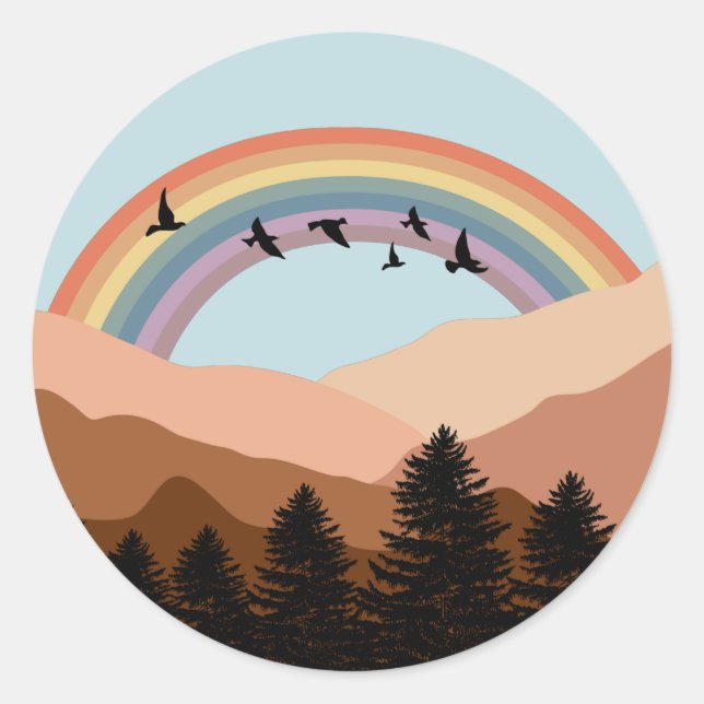 Abstrakte Landschaftswälder Bäume Regenbogen & Vög Runder Aufkleber (Vorderseite)