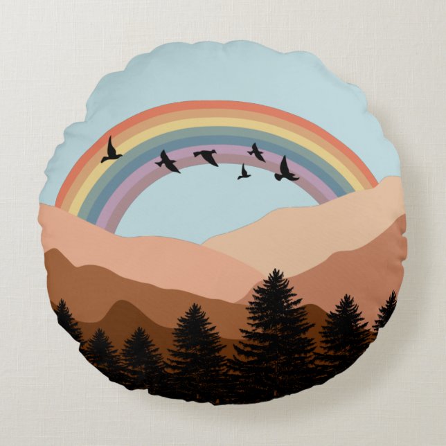 Abstrakte Landschaftswälder Bäume Regenbogen & Vög Rundes Kissen (Vorderseite)