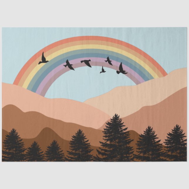 Abstrakte Landschaftswälder Bäume Regenbogen & Vög Seidenpapier (Vorderseite)