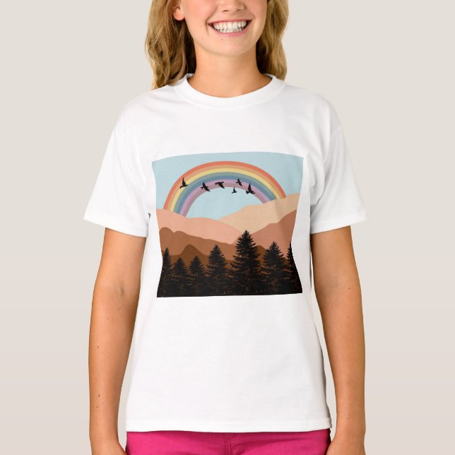 Abstrakte Landschaftswälder Bäume Regenbogen & Vög T-Shirt (Vorderseite)