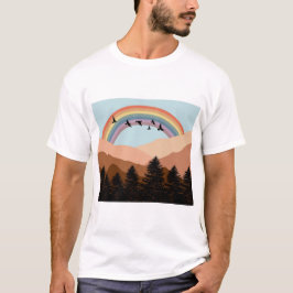 Abstrakte Landschaftswälder Bäume Regenbogen & Vög T-Shirt