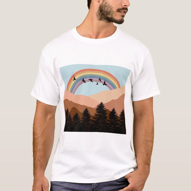 Abstrakte Landschaftswälder Bäume Regenbogen & Vög T-Shirt (Vorderseite)