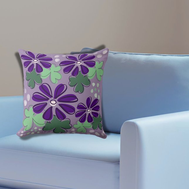 Abstrakte Lila grüne Klee Blätter Blumendoodle Kissen (Abstract Purple Green Clover Leaves Floral Doodle Throw Pillow)
