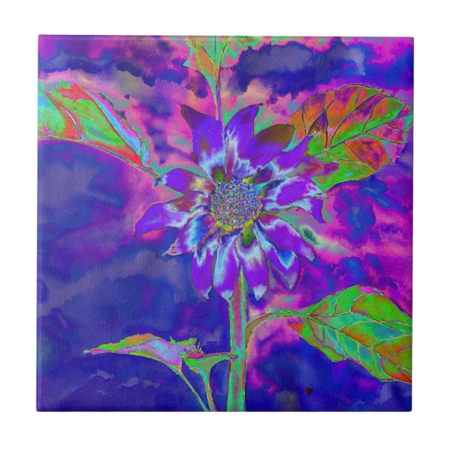Abstrakte lila Sonnenblume | Retro Funky fun Fliese (Vorderseite)