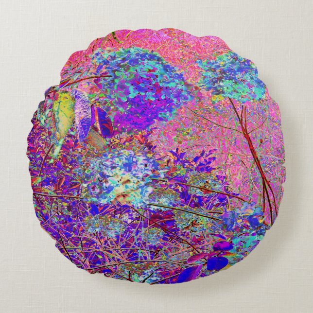 Abstrakte Lila und Blue Hydrangea mit Magenta Rundes Kissen (Vorderseite)