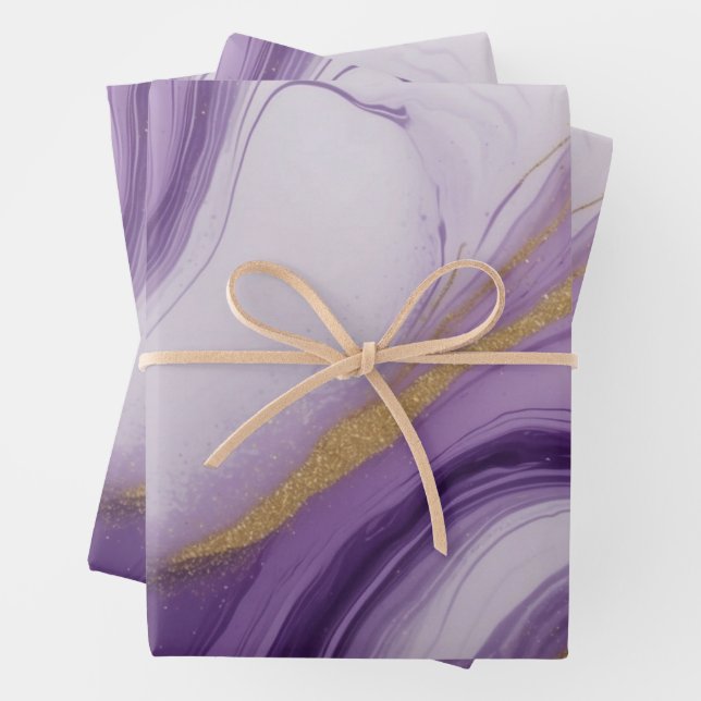 Abstrakte Lila und Imitats Gold Glitzer Marmor Geschenkpapier Set (Beispiel)