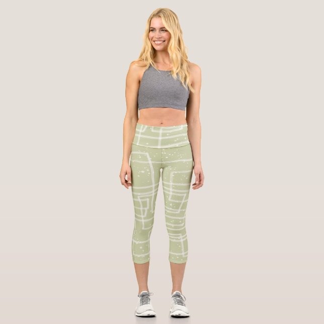 abstrakte Line Art blassgrün und weiß Capri Leggings (Vorderseite)