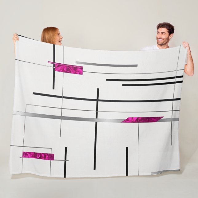 Abstrakte lineare Kunstfarbe Schwarz, Silber, Fusc Fleecedecke (Beispiel)