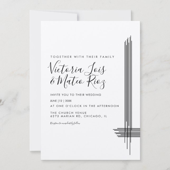 Abstrakte Lines Schwarz-weiß Beige Hochzeit Einladung (Vorderseite)