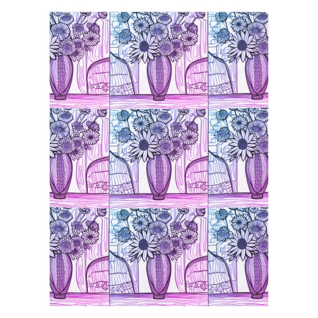 Abstrakte Linie Zeichnend Blumenkunst Lila Blau Tischdecke (Vorderseite)