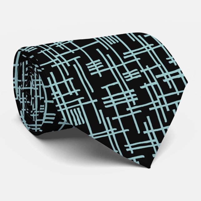 Abstrakte Linien 120923 - Light Blue Green on Blac Krawatte (Gerollt)