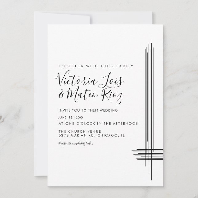 Abstrakte Linien Schwarz-weiß Moderne Hochzeit Einladung (Vorderseite)