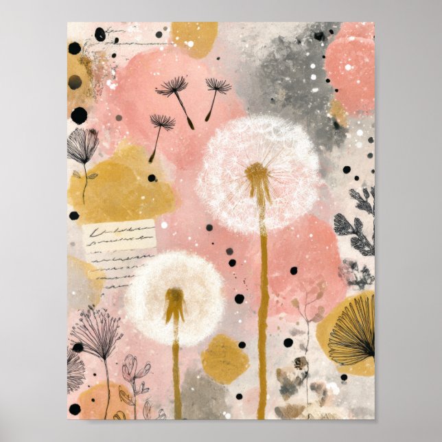 Abstrakte Löwenzahn-Wasserfarben-Blumenkunst Poster (Vorne)