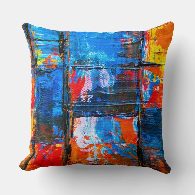 Abstrakte Malerei in Blau und Orange Kissen (Vorderseite)
