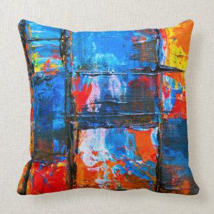 Abstrakte Malerei in Blau und Orange Kissen