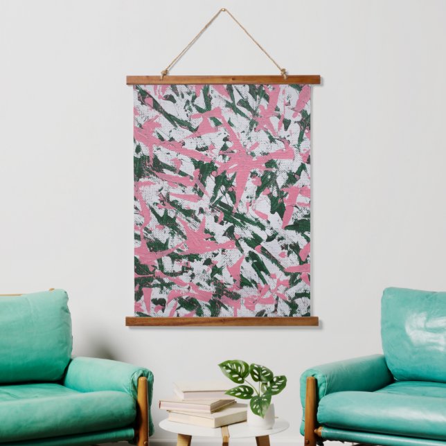 Abstrakte Malerei in Rosa und Grün Wandteppich Mit Holzrahmen (Wohnzimmer)