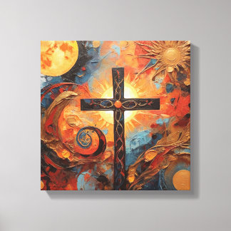 Abstrakte Malerei mit Sonnenmond und Kreuz Leinwanddruck