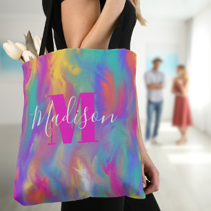 Abstrakte Malerei Türkis Gelb Lila Rosa Monogramm  Tasche