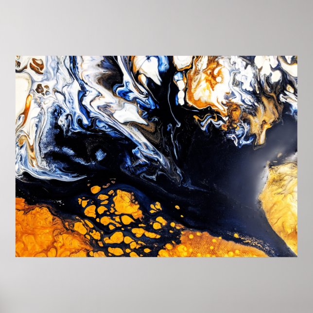 Abstrakte Malereien aus Gold, Blau und Weiß Poster (Vorne)