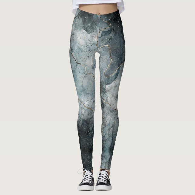 Abstrakte marbierte Paint Foggy Grau Blau Moderne  Leggings (Vorderseite)