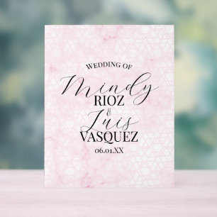 Abstrakte Marmor-Hochzeitstafel Rosa mit schwarzer Acrylschild