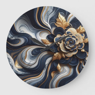 Abstrakte Marmormalerei in Navy Blue und Gold Große Wanduhr