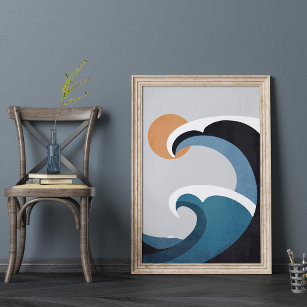 Abstrakte Meereswellen und Sonne Poster