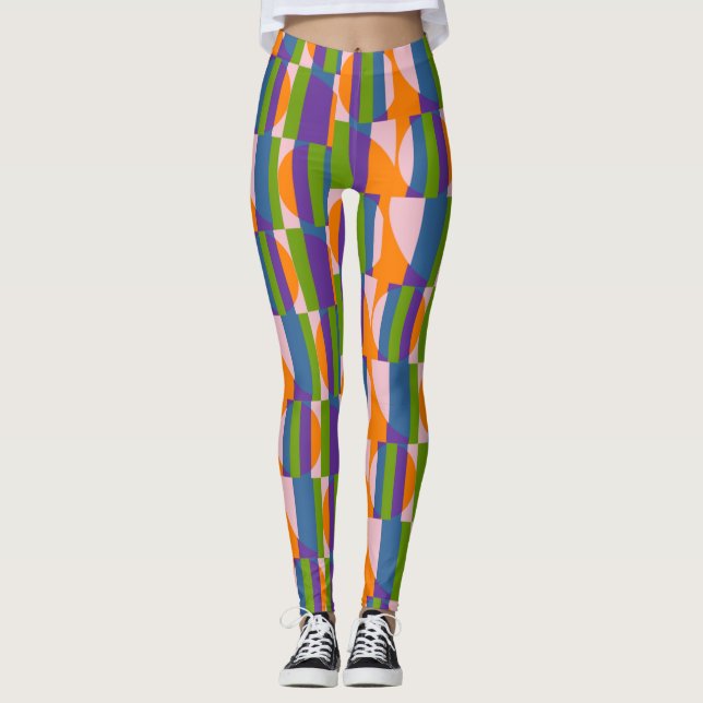 Abstrakte mehrfarbige Musterkreise und Streifen Leggings (Vorderseite)