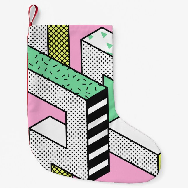 Abstrakte Memphis: 80er geometrische Formen. Kleiner Weihnachtsstrumpf (Vorderseite)