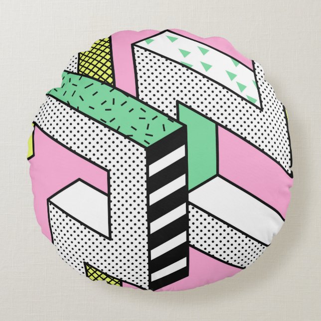 Abstrakte Memphis: 80er geometrische Formen. Rundes Kissen (Vorderseite)
