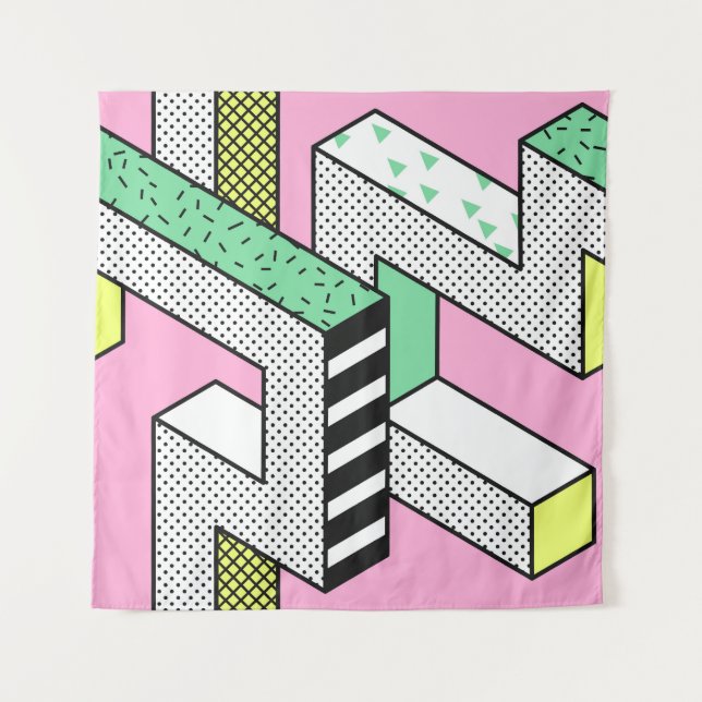Abstrakte Memphis: 80er geometrische Formen. Wandteppich (Vorderseite)