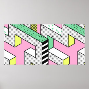 Abstrakte Memphis Nahtlose Muster mit 3d Geometr Poster