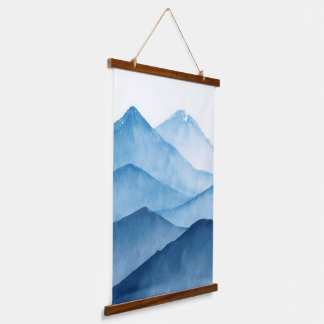 Abstrakte minimalistisch-blaue Gebirge Wandteppich Mit Holzrahmen